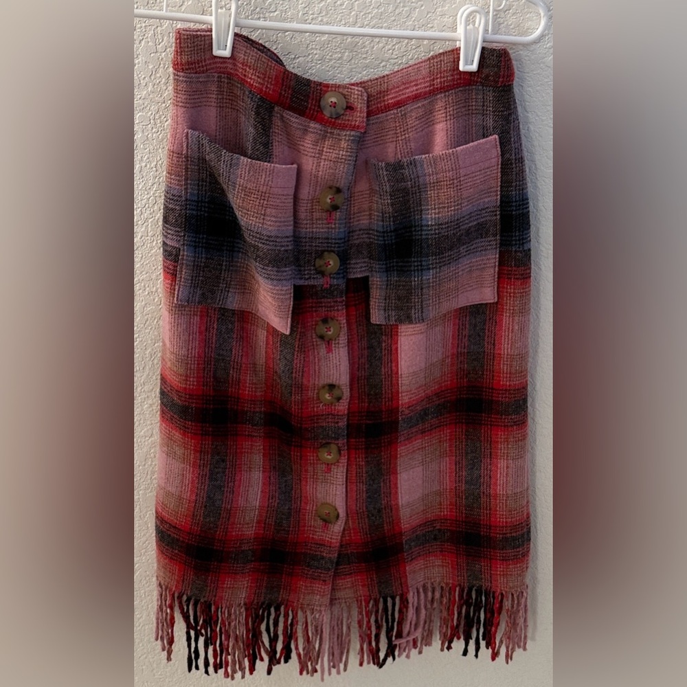 Plaid Button-Front Fringe Skirt